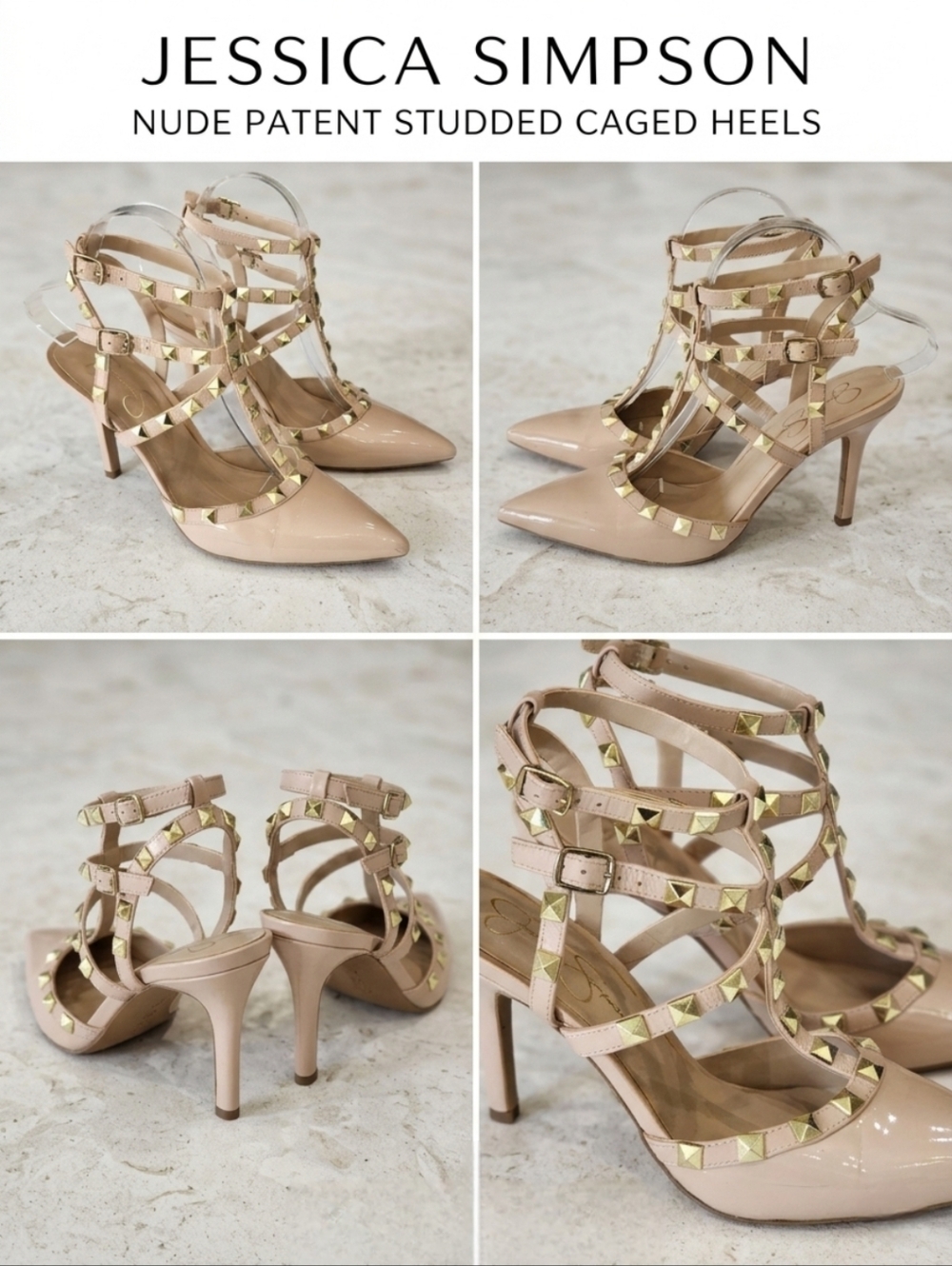 Jessica Simpson Nude Patent Studded Caged Strappy Pointed Toe Heels Size 7.5 - Picture 3 of 14